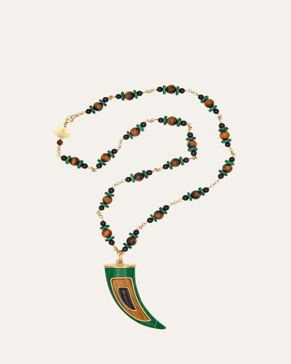 Yellow Gold Chain and Tooth Charm Pendant Necklace with Resin Stones